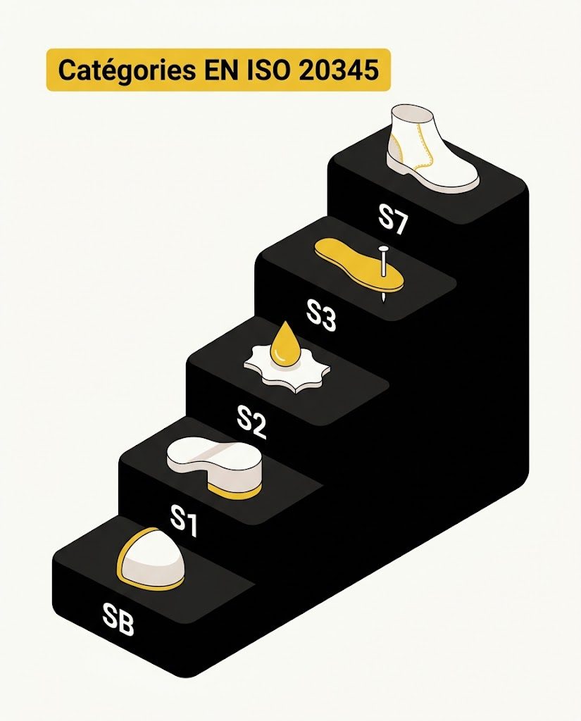 Escalier de catégories de chaussures de sécurité, de SB à S7, où chaque marche ajoute une protection