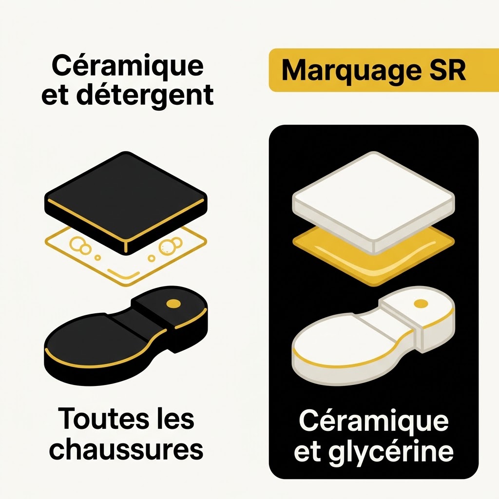 Deux essais de glissement d'une semelle, sur carreau céramique et détergent pour toutes les chaussures, sur céramique et glycérine pour le marquage SR