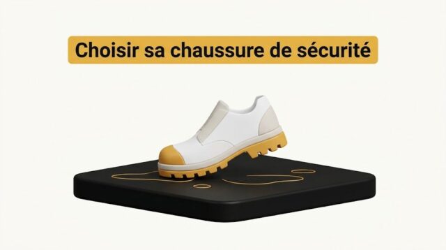 Chaussure de sécurité vue de profil sur un carrelage mouillé, avec sa semelle crantée mise en avant