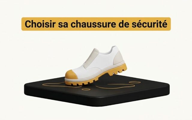 Chaussure de sécurité vue de profil sur un carrelage mouillé, avec sa semelle crantée mise en avant