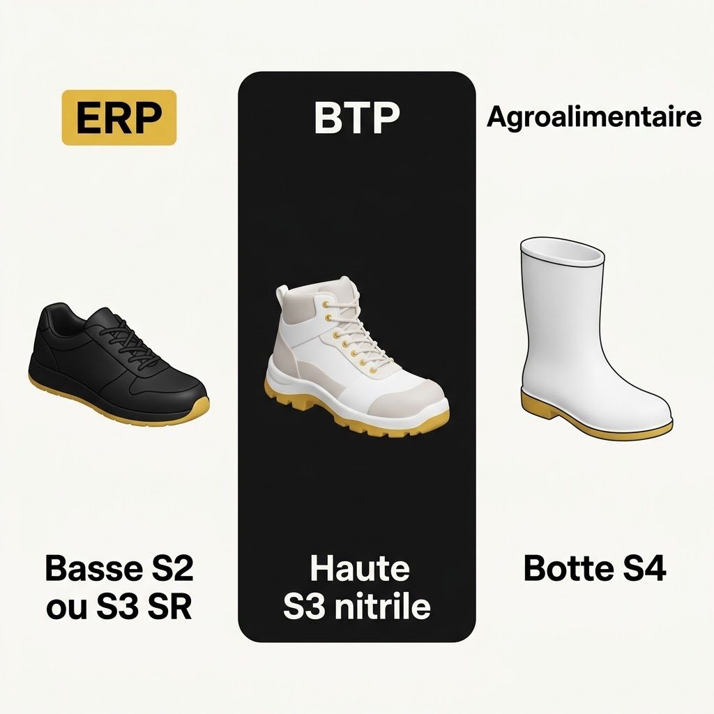 Trois secteurs et trois chaussures, basse S2 ou S3 marquée SR en ERP, haute S3 à semelle nitrile en BTP, botte S4 en agroalimentaire