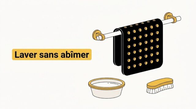 Tapis de bain antidérapant à ventouses suspendu à une barre de douche, au-dessus d'une bassine d'eau tiède et d'une brosse souple