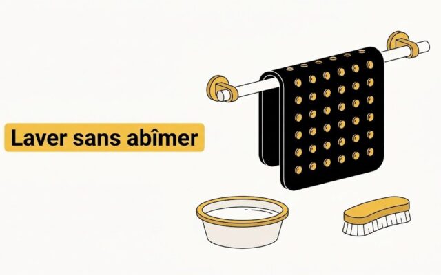 Tapis de bain antidérapant à ventouses suspendu à une barre de douche, au-dessus d'une bassine d'eau tiède et d'une brosse souple