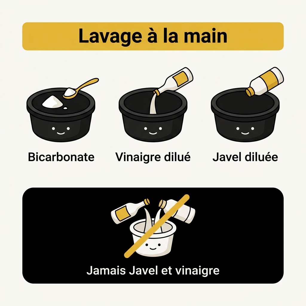 Trois bassines pour le lavage à la main, bicarbonate, vinaigre dilué et eau de Javel diluée, avec le mélange Javel et vinaigre barré