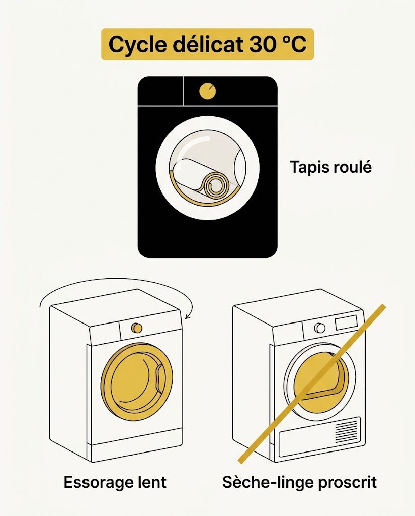 Réglages du lave-linge pour un tapis de bain antidérapant, cycle délicat à 30 °C, essorage lent, tapis roulé, sèche-linge barré