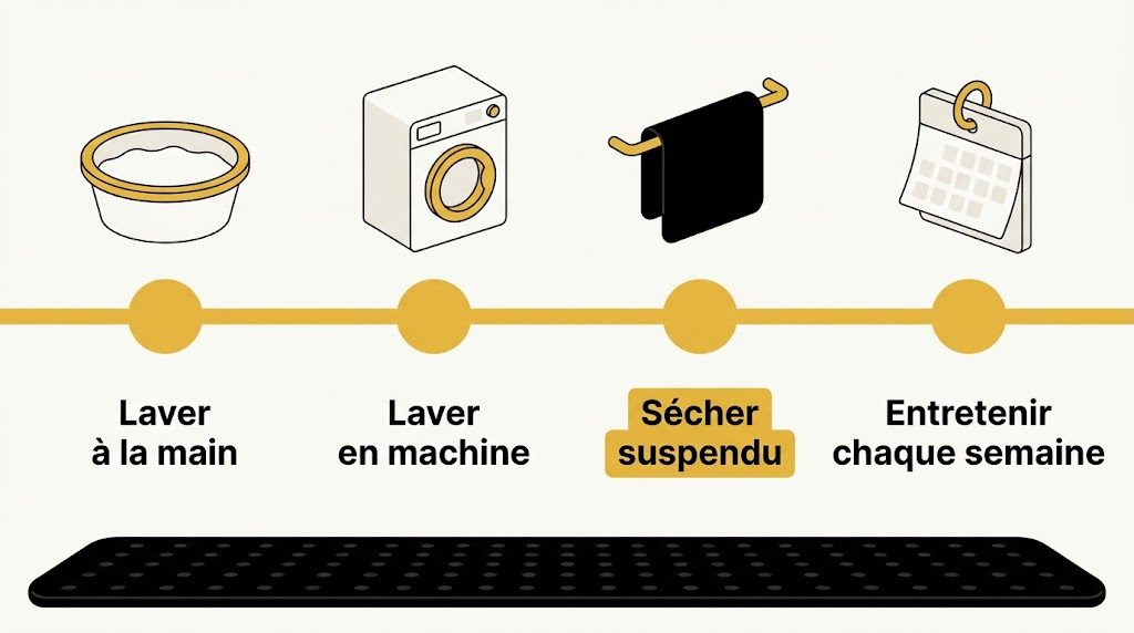 Quatre étapes d'entretien autour d'un tapis de bain à ventouses, du lavage à la main au calendrier