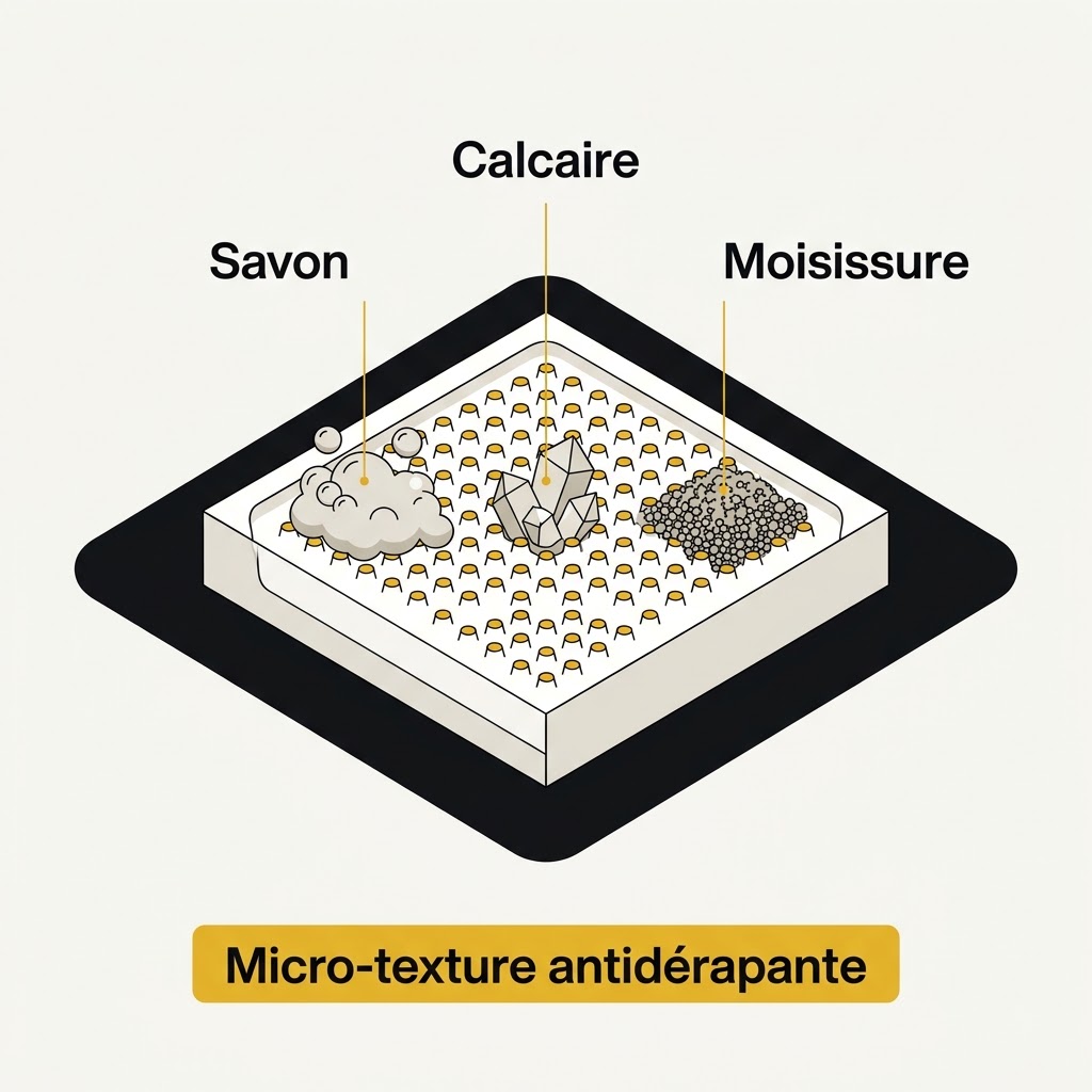 Coupe d'un receveur texturé, avec les dépôts de savon, de calcaire et de moisissure logés dans les creux