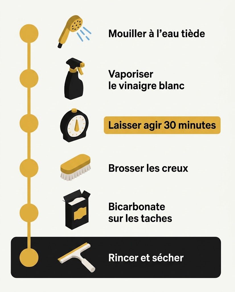 Six étapes de détartrage empilées de haut en bas, de l'eau tiède au séchage, avec un vaporisateur, une brosse souple et une raclette