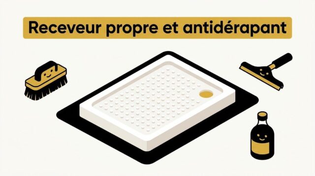 Receveur de douche à surface texturée vu de dessus, avec une brosse souple, une raclette et une bouteille de vinaigre blanc
