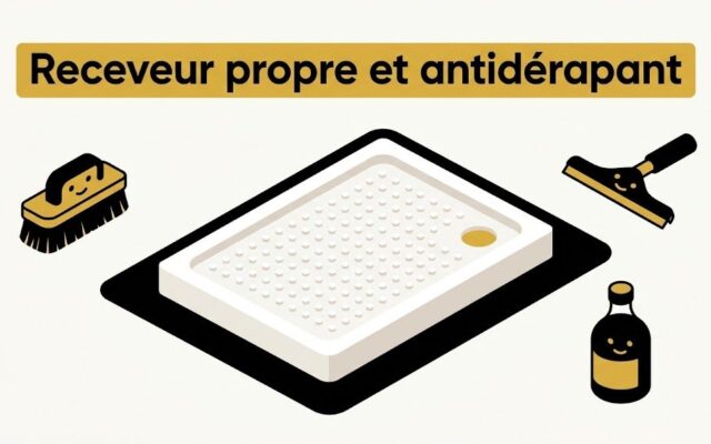 Receveur de douche à surface texturée vu de dessus, avec une brosse souple, une raclette et une bouteille de vinaigre blanc