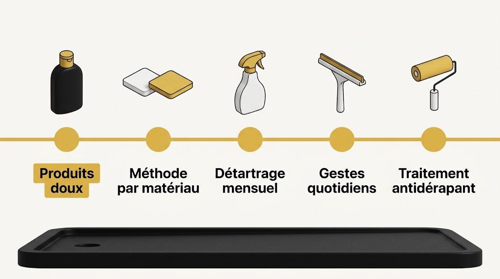 Parcours du guide en cinq jalons autour d'un receveur de douche, des produits doux au traitement antidérapant