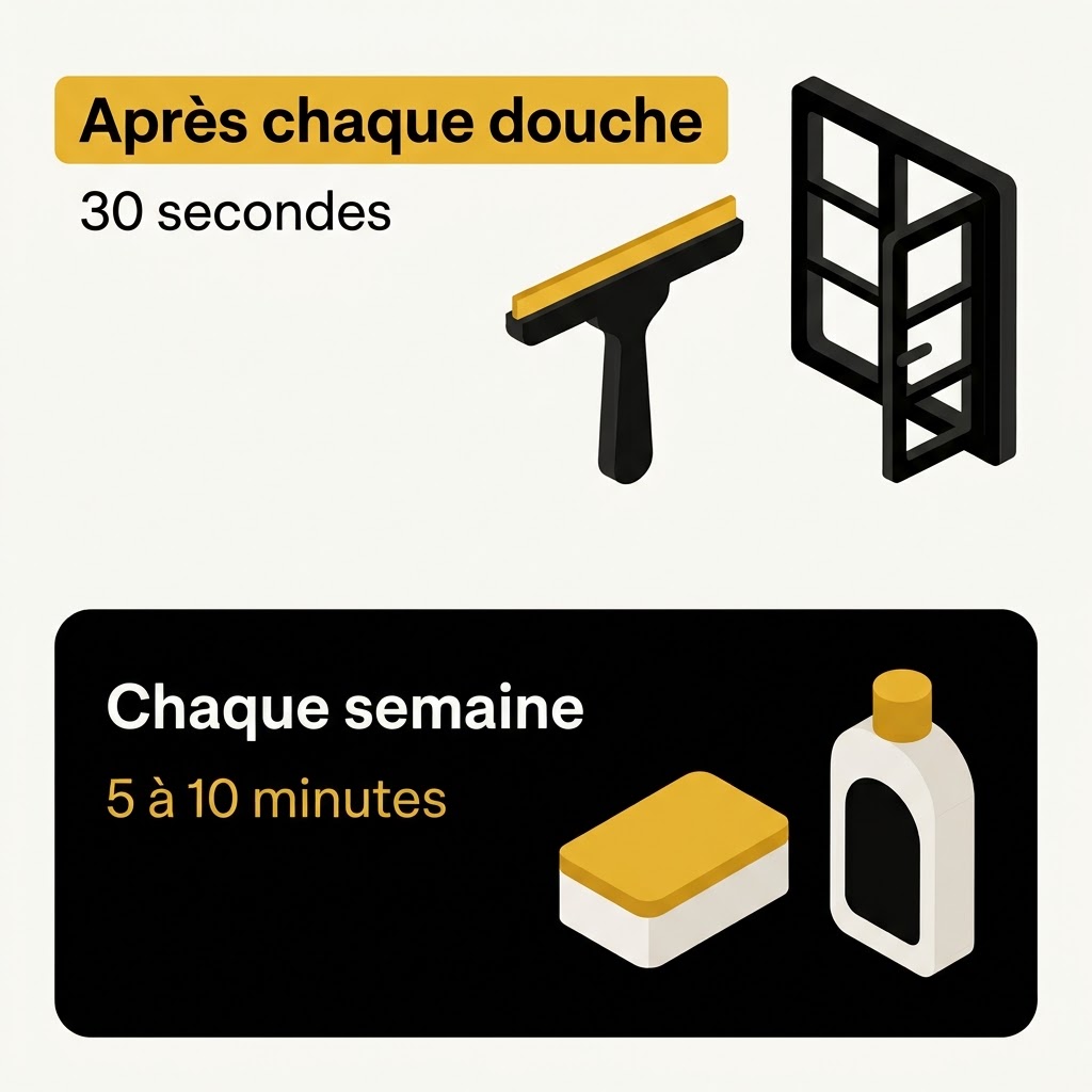 Deux rangées de gestes, après chaque douche avec raclette et aération, chaque semaine avec éponge douce et savon noir