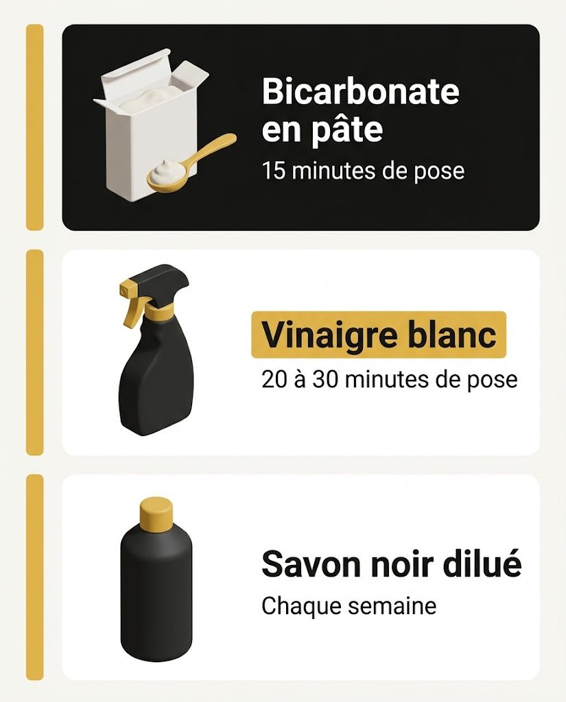 Trois recettes naturelles en trois rangées, bicarbonate en pâte 15 minutes, vinaigre blanc 20 à 30 minutes, savon noir chaque semaine