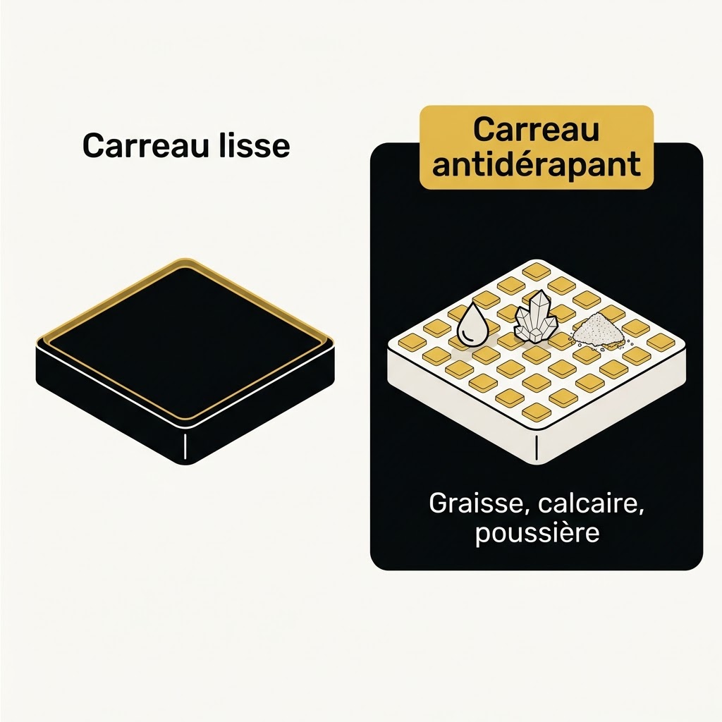 Coupe comparée d'un carreau lisse et d'un carreau antidérapant, dont les reliefs retiennent graisse, calcaire et poussière