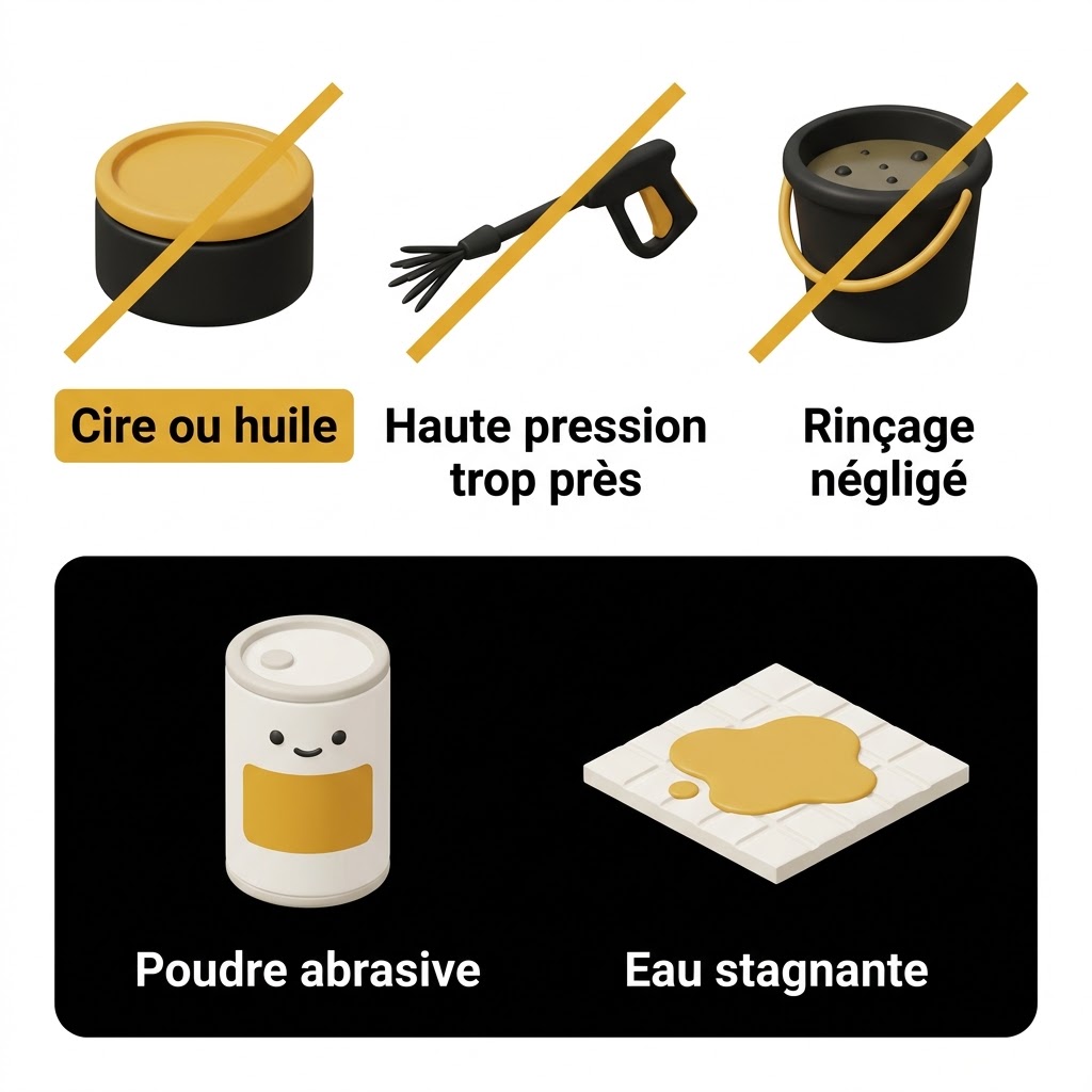 Cinq erreurs barrées sur un carrelage antidérapant, de la cire au nettoyeur haute pression trop proche