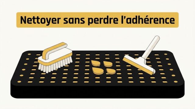 Brosse à poils durs sur un carrelage antidérapant structuré, avec l'eau qui s'évacue des reliefs vers une raclette