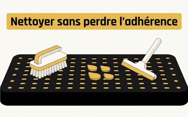 Brosse à poils durs sur un carrelage antidérapant structuré, avec l'eau qui s'évacue des reliefs vers une raclette