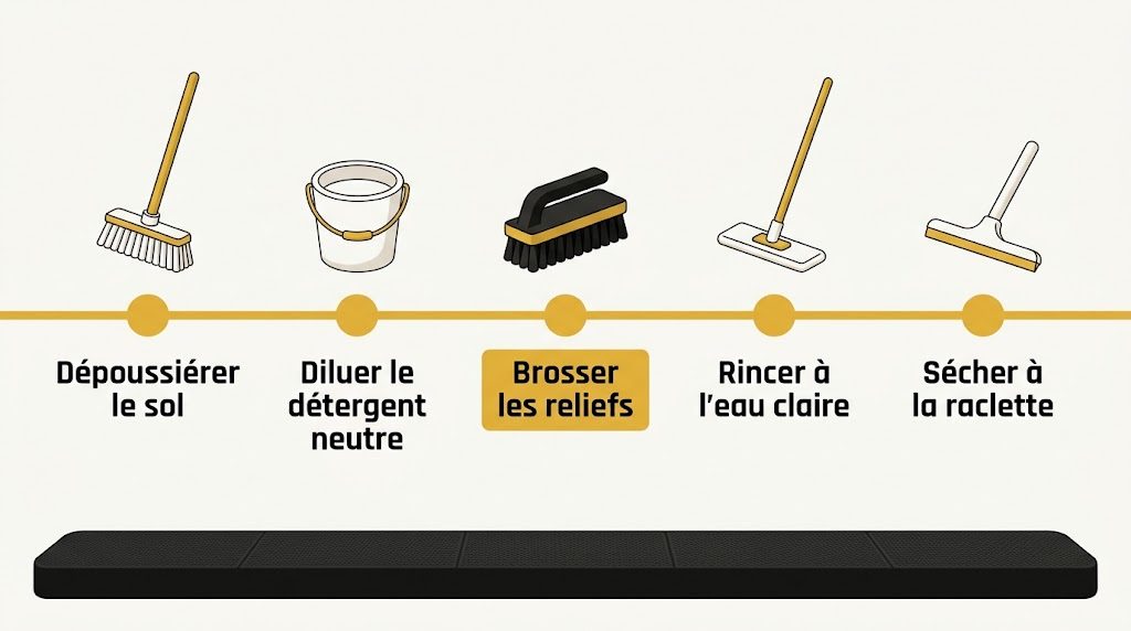 Parcours du guide en cinq jalons, du dépoussiérage au séchage, sur un filet jaune au-dessus d'un carreau structuré