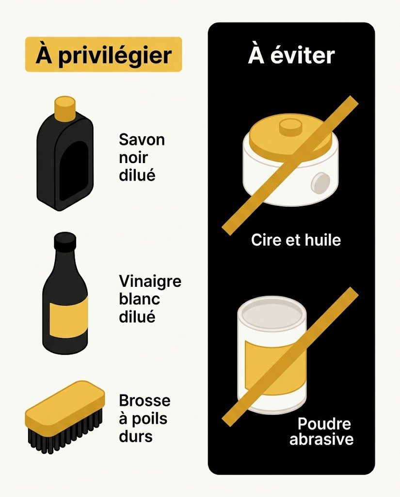 Deux colonnes, les produits et outils à privilégier face aux produits à éviter sur un carrelage antidérapant