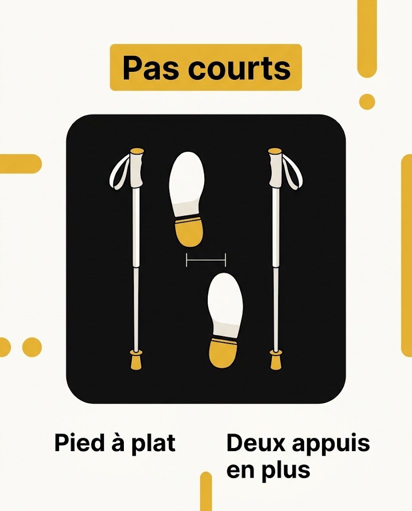 Deux empreintes de pas courts posées à plat sur la glace, avec deux bâtons de marche en appui