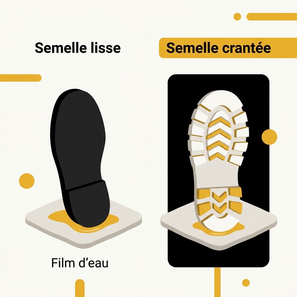 Coupe d'une semelle lisse qui glisse sur le film d'eau du verglas, face à une semelle crantée qui accroche