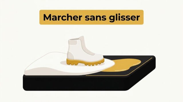 Chaussure à semelle crantée posée à plat sur un trottoir enneigé, à côté d'une plaque de verglas