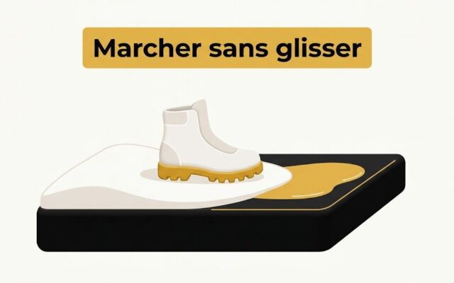 Chaussure à semelle crantée posée à plat sur un trottoir enneigé, à côté d'une plaque de verglas