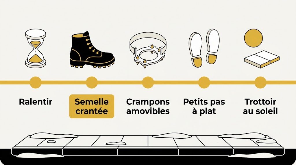 Frise de cinq étapes sur un trottoir enneigé, des réflexes de base au choix de l'itinéraire