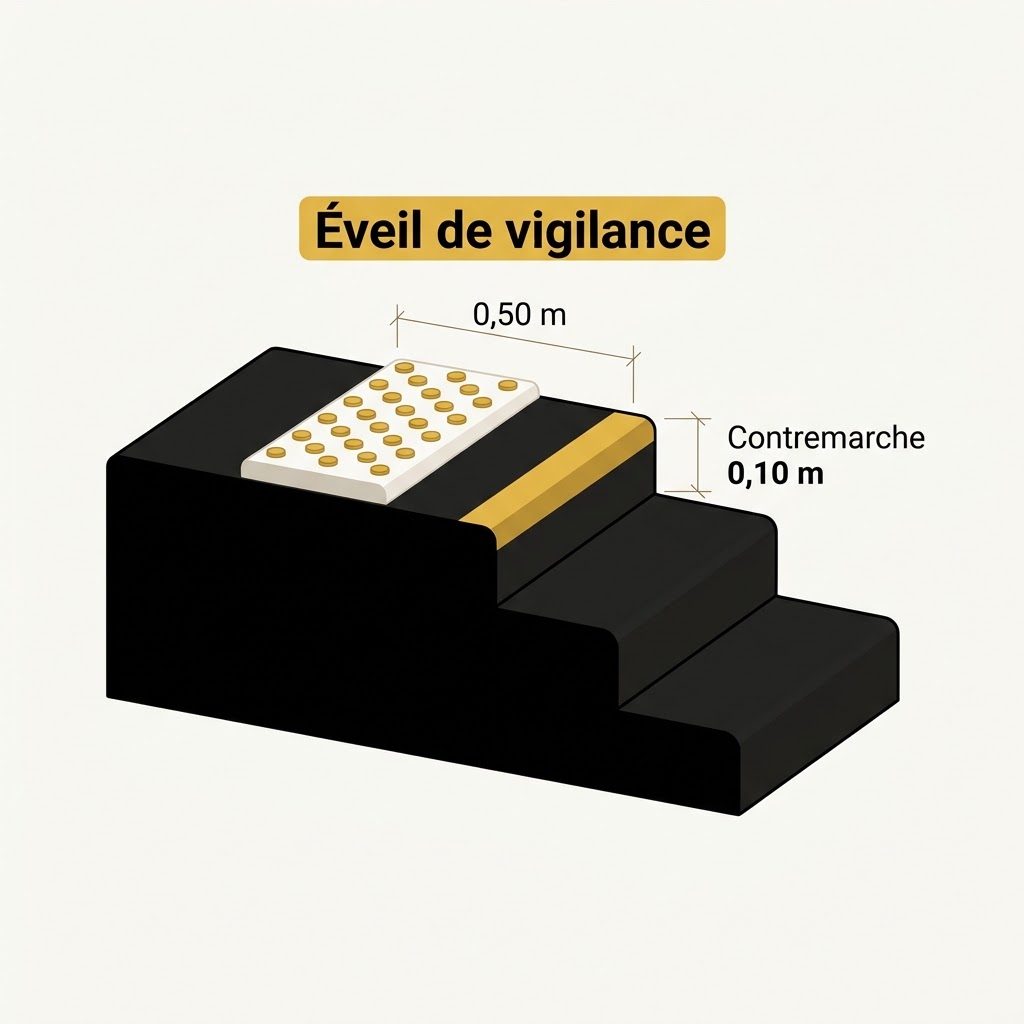 Coupe du haut d'une volée avec bande d'éveil de vigilance à 0,50 m de la première marche et contremarches extrêmes contrastées sur 0,10 m