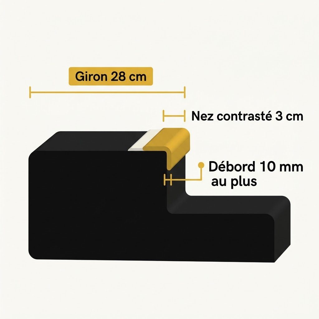 Coupe d'une marche avec giron de 28 cm, nez de marche contrasté sur 3 cm et débord de 10 mm au plus sur la contremarche