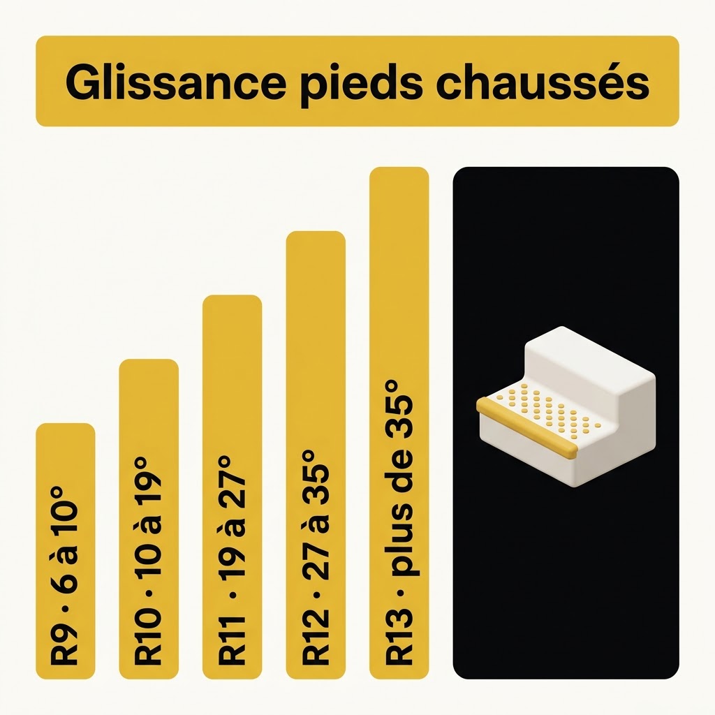 Échelle de glissance pieds chaussés de R9 à R13 avec les angles de 6 à plus de 35 degrés, à côté d'une marche traitée