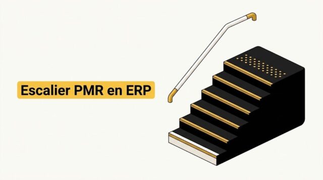 Escalier d'ERP vu de trois quarts avec nez de marche contrastés, main courante prolongée et bande d'éveil de vigilance en haut de volée