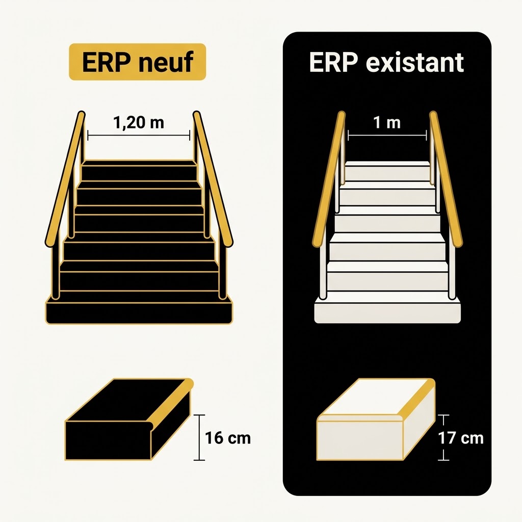 Vue de face et coupe d'un escalier comparant ERP neuf et existant, 1,20 m ou 1 m entre mains courantes, marches de 16 ou 17 cm