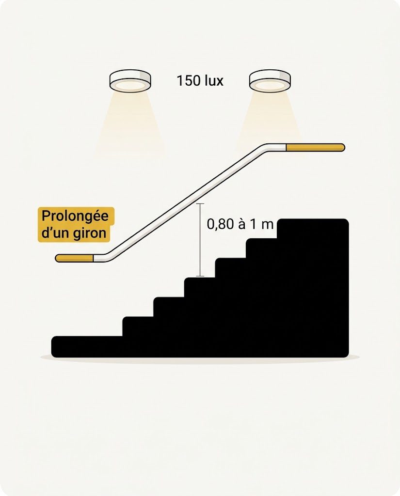 Main courante entre 0,80 et 1 m prolongée d'un giron en haut et en bas de volée, escalier éclairé à 150 lux